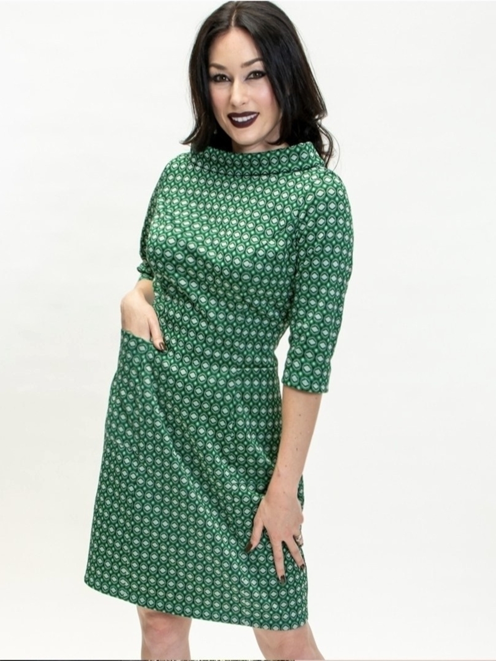 Printed Green Midi Dress with High Neck and Three-Quarter Sleeves - Size 1X
